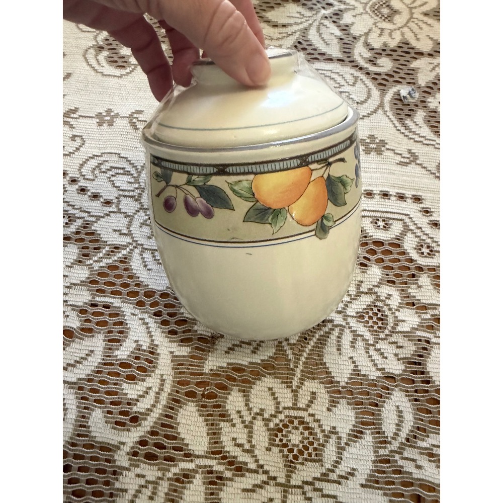 Mikasa Intaglio Garden Harvest CAC29 Lidded Sugar Bowl Canister Stoneware Fruit